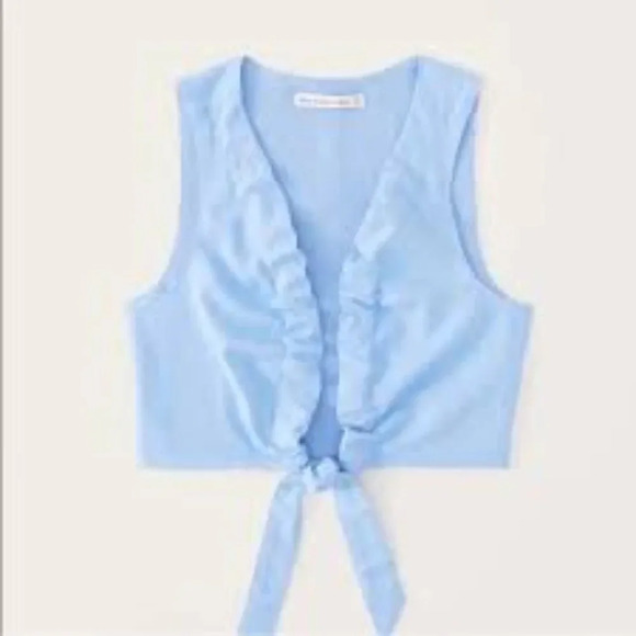 NWT Abercrombie‎ & Fitch Women's Blue Cropped Tie Front Linen Top Size XXS - Picture 1 of 5